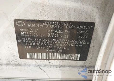 2014 Hyundai Sonata Se z USA, uszkodzony, nr VIN 5NPEC4AC1EH849402
